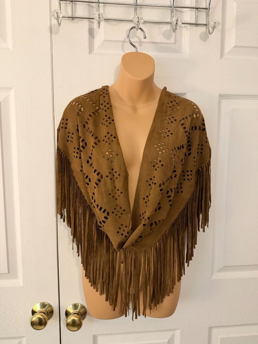 Mixit Lasercut Faux Brown Suede Xfinity Scarf Wrap Poncho Fringe Boho